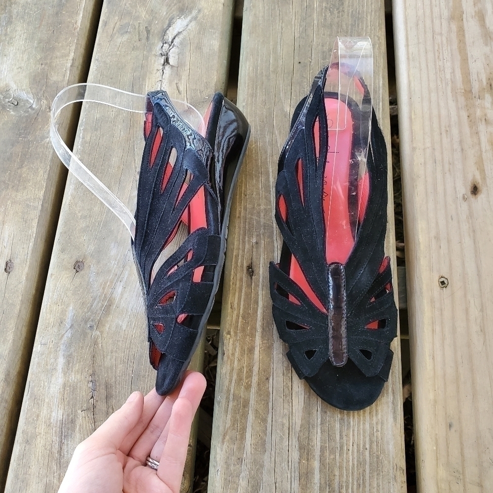 Vintage 90s y2k Pas De Rouge‎ Black Suede Leather Butterfly Wedge Sandals 39